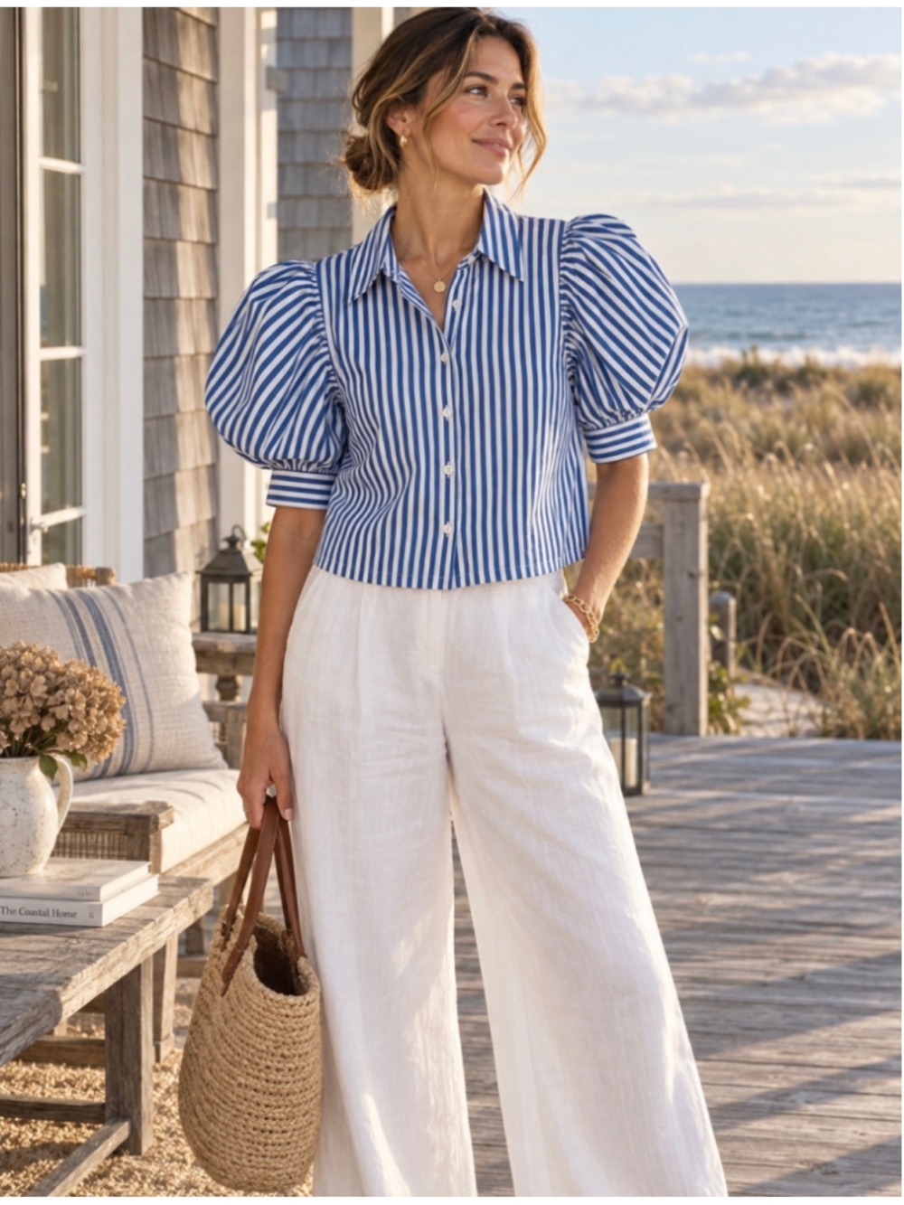 NWT EDIT Jason Wu S Blue White Stripe Puff Sleeve Cropped Button Down Shirt
